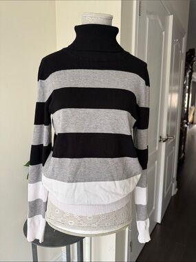 Calvin Klein Black, Gray & White Striped Turtleneck Sweater